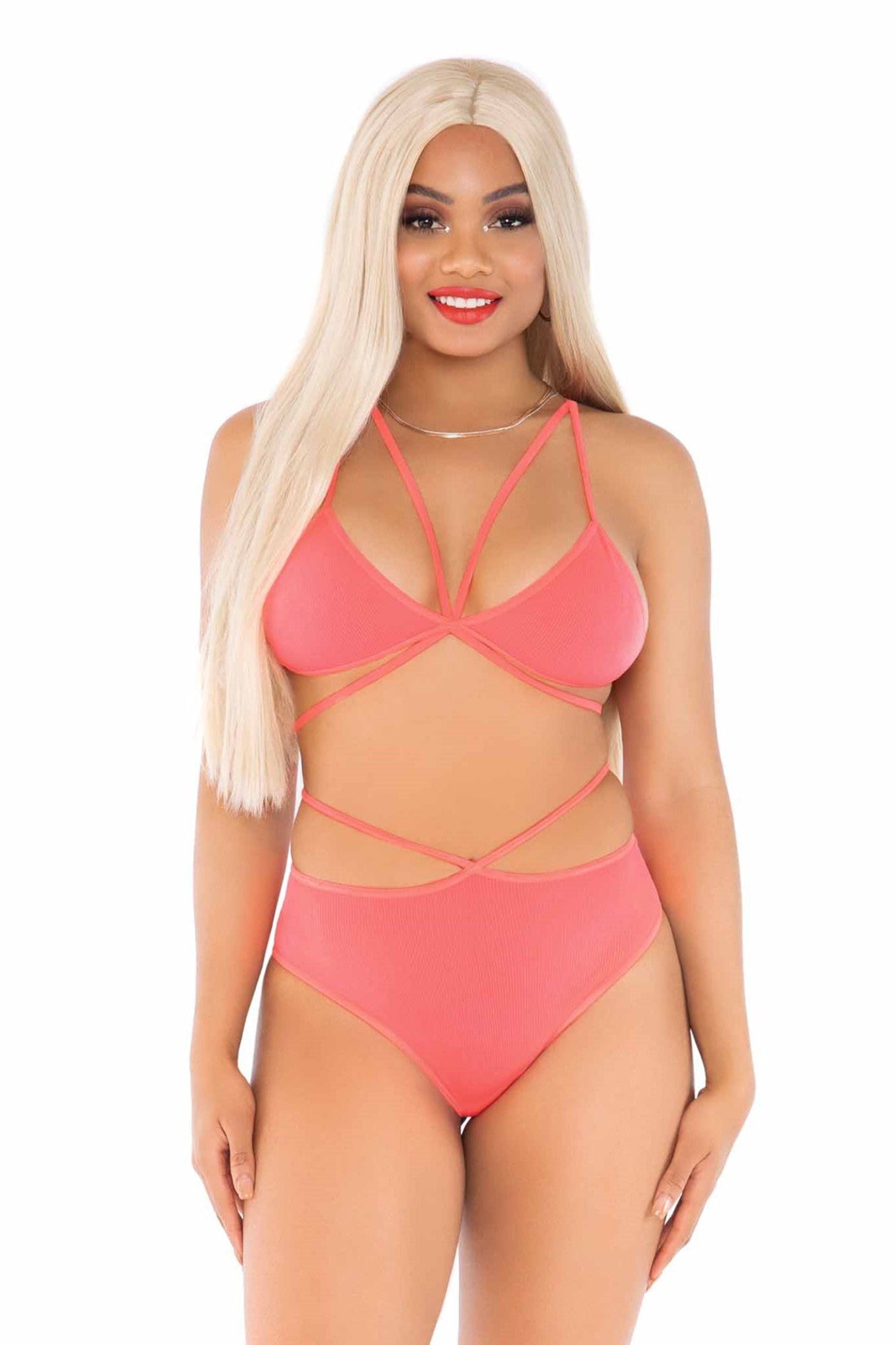 Two-Piece Set: Opaque Cage Strap Women's Bra Top and Strappy Brazilian Style Briefs