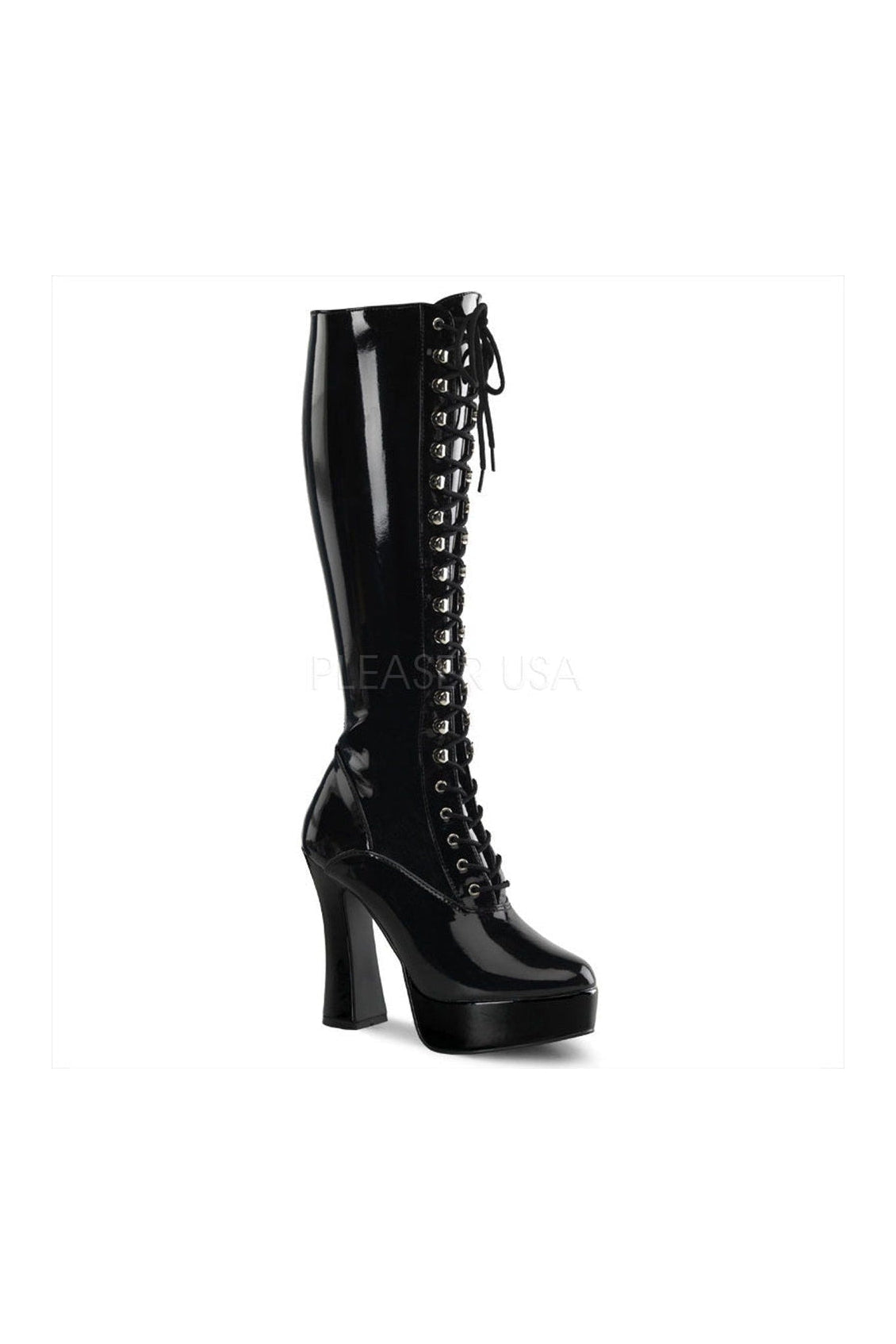 2023 ELECTRA Black Patent Platform Knee Boots with Lace Detail