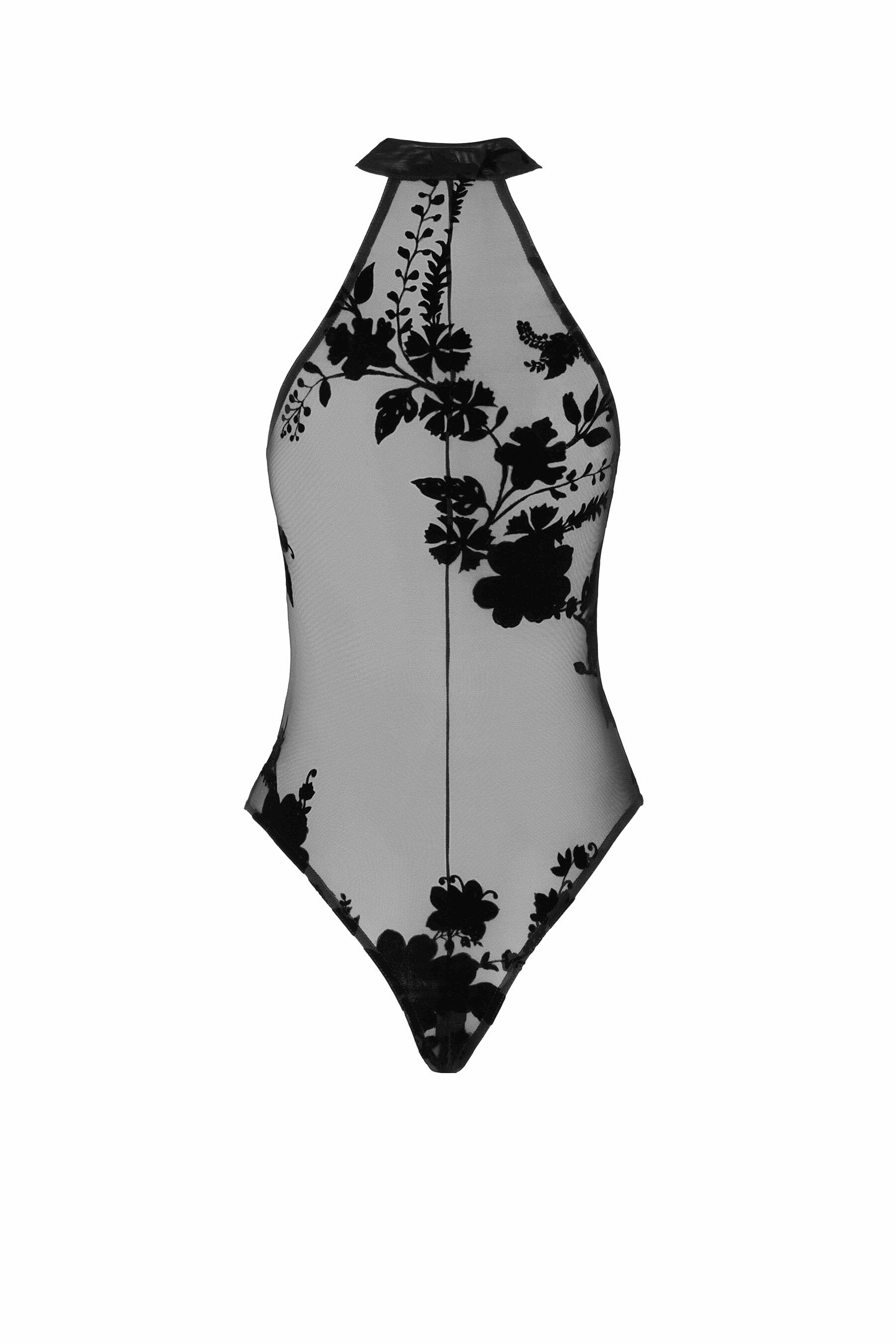 Alluring Wildflower Flocked Mesh Halter Style Bodysuit