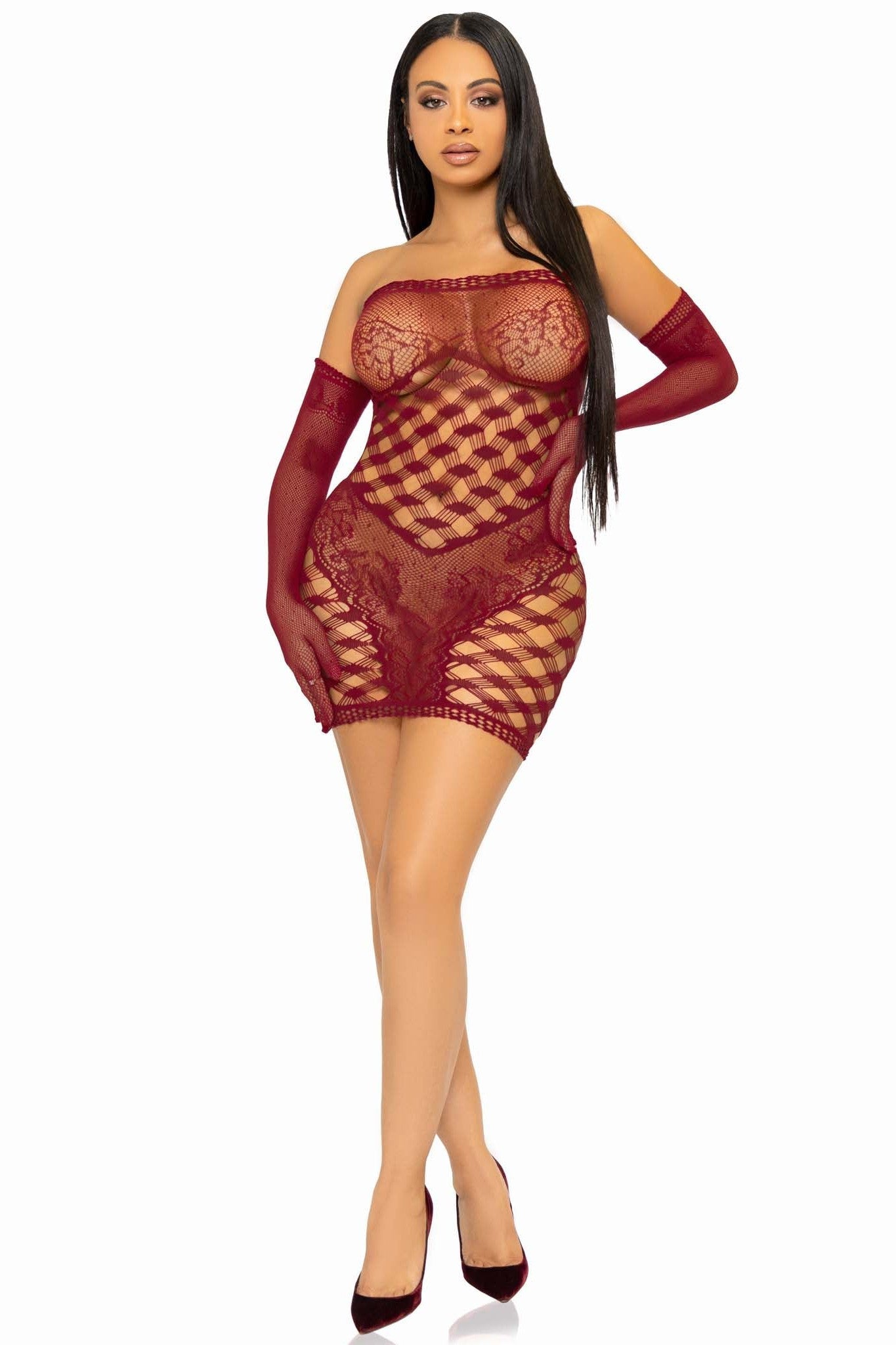 2-Piece Hardcore Net Tube Dress with Lace Trim and Matching Gloves
