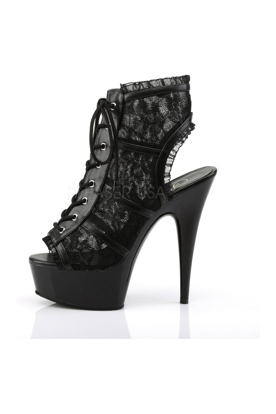 Black Fabric DELIGHT-696LC Open Toe and Back Lace Up Platform Booties with Lace Trim Detail