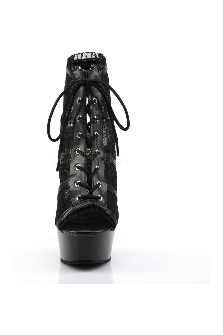 Black Fabric DELIGHT-696LC Open Toe and Back Lace Up Platform Booties with Lace Trim Detail