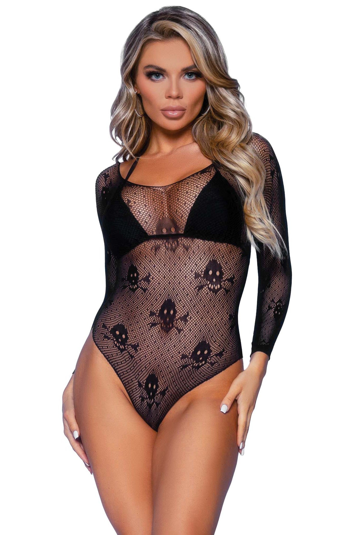 Imported Leg Avenue Micro Net Snap Crotch Skull Design Bodysuit