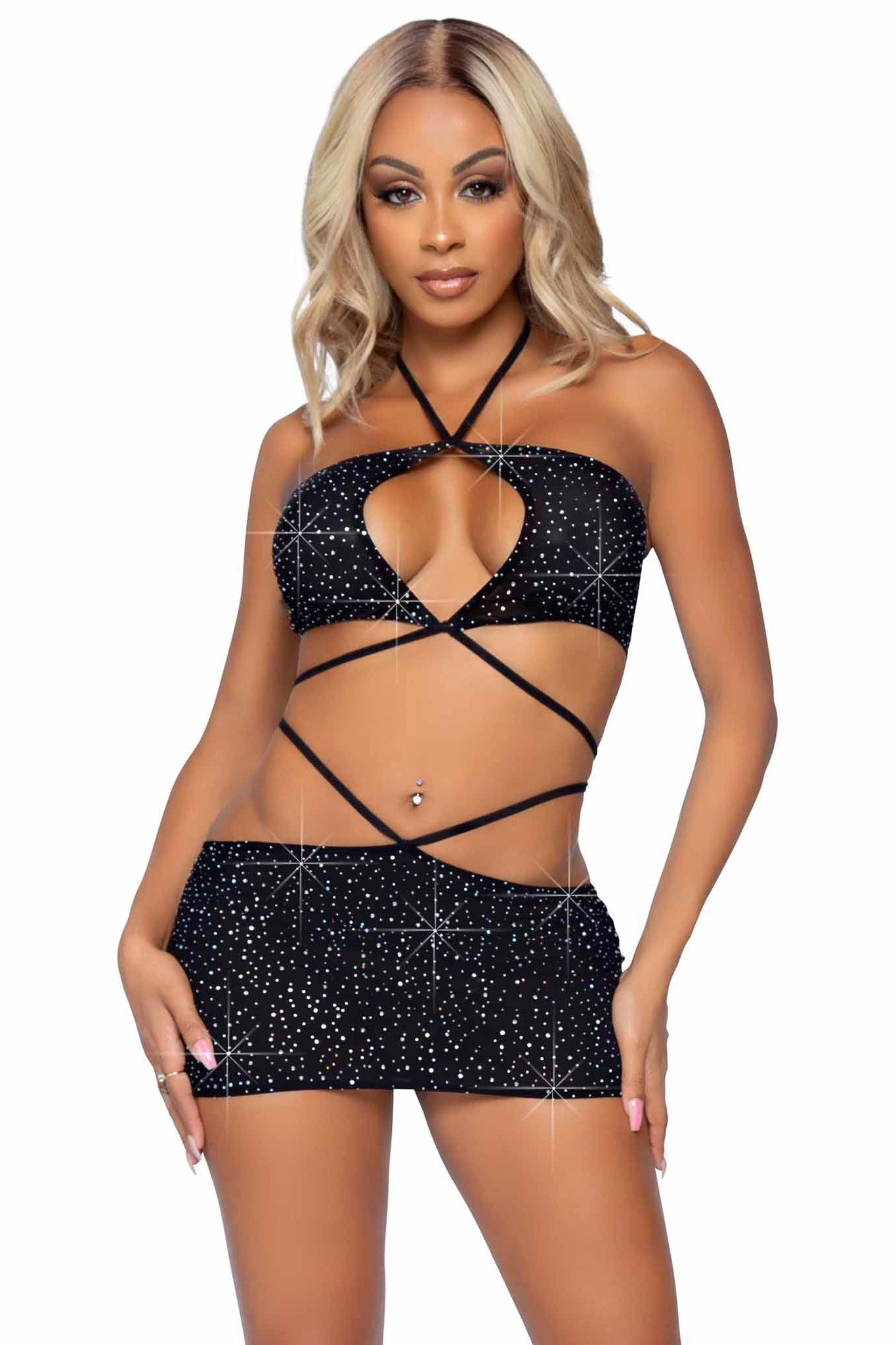 Glamorous 2-Piece Set: Rhinestone Keyhole Bandeau Top with Low-Rise Skirt