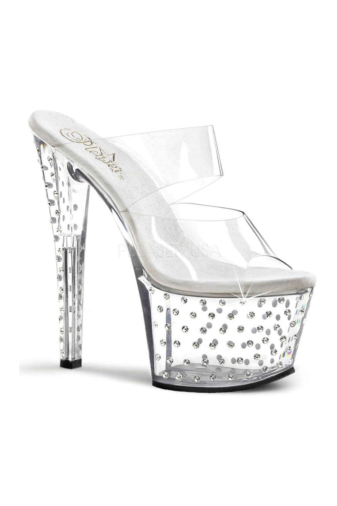 STARDUST-702 Clear Vinyl Platform Slide Sandals with Rhinestone Studded Platform
