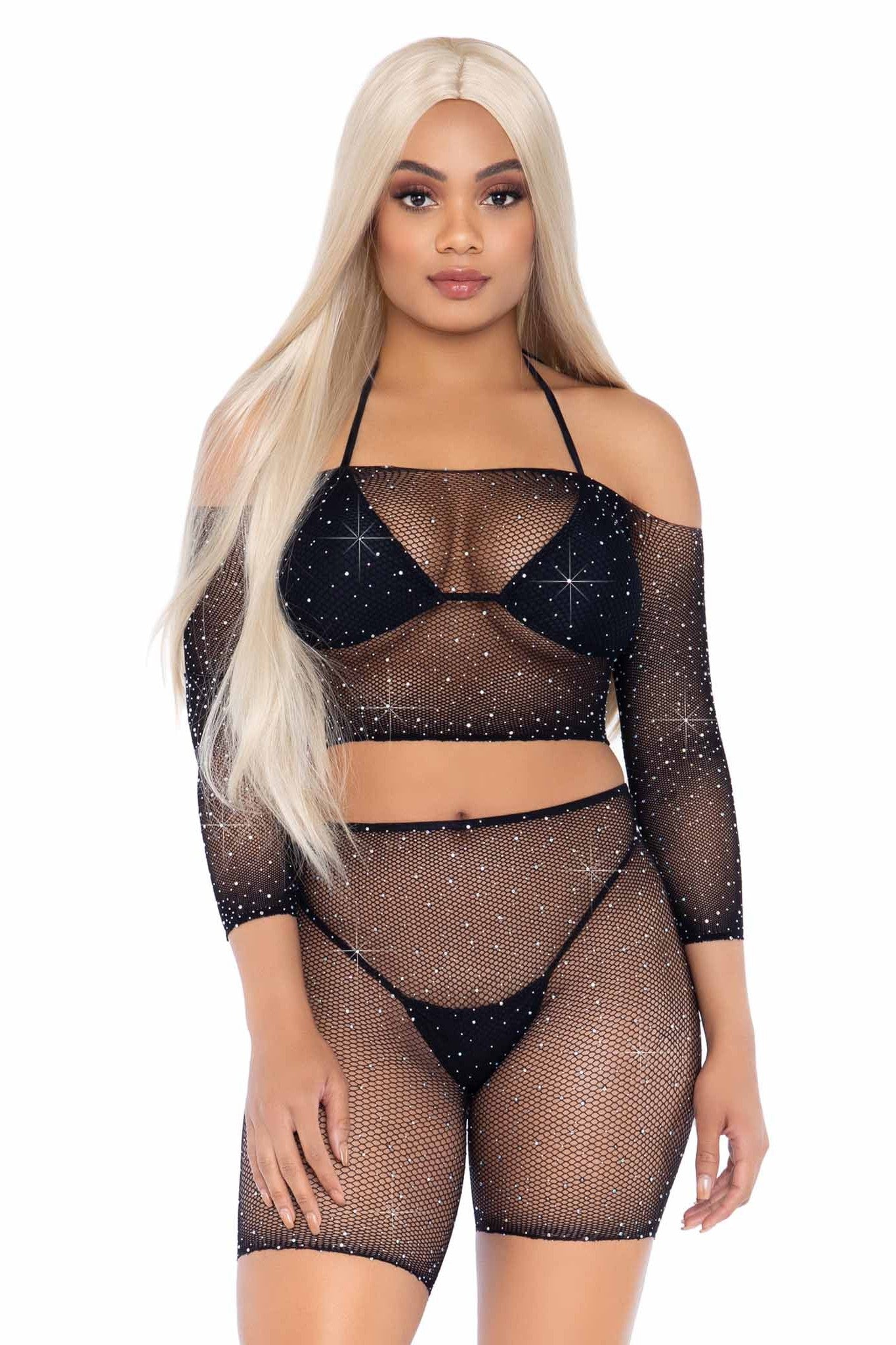 2-Piece Rhinestone Embellished Fishnet Long Sleeve Crop Top and Stylish Biker Shorts