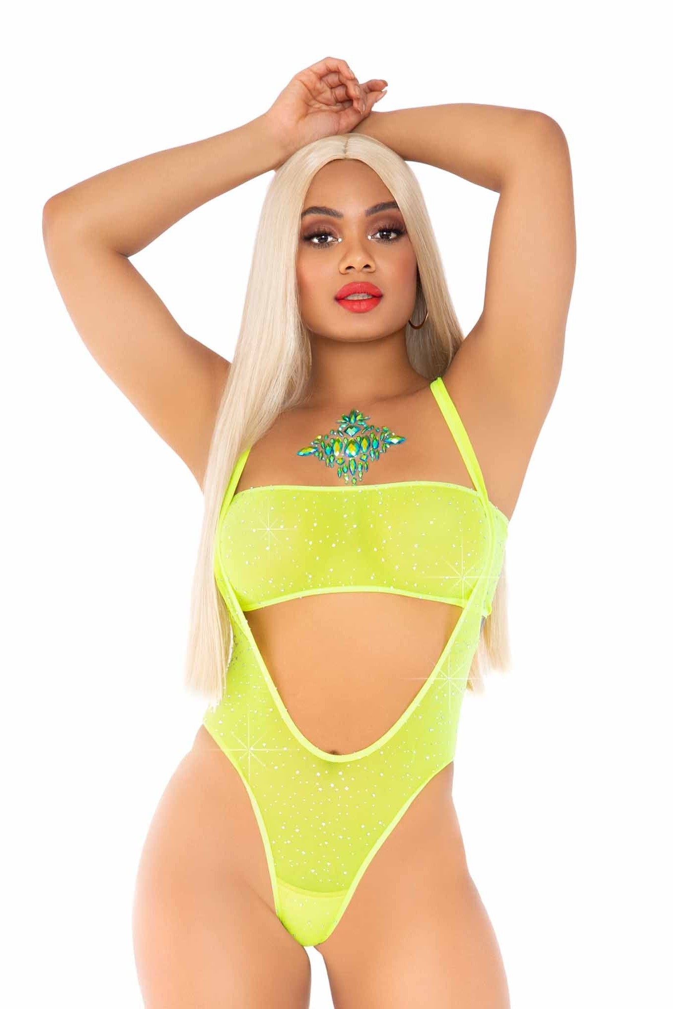 Stylish 2-Piece Rhinestone Mesh Bandeau and Suspender Bodysuit Set