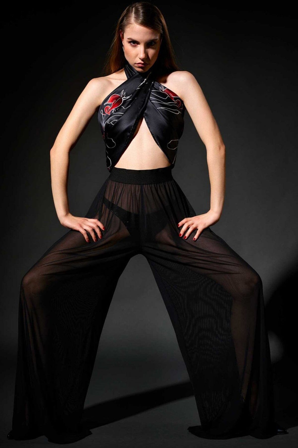 Jun Women's Sheer Mesh Elegant Flowing High - Waisted Pants