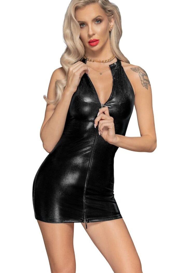 Stunning Snake Print Wet Look Mini Dress with Front Zipper