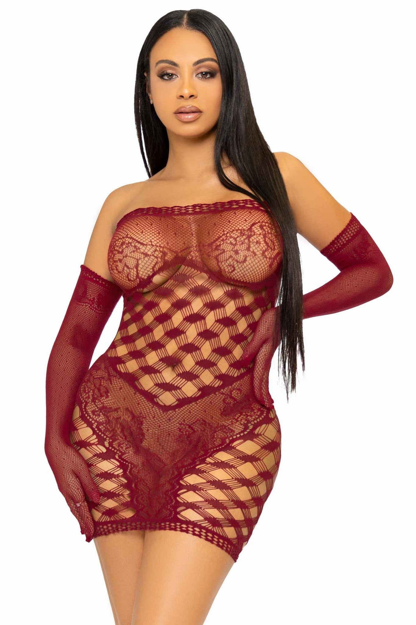2-Piece Hardcore Net Tube Dress with Lace Trim and Matching Gloves