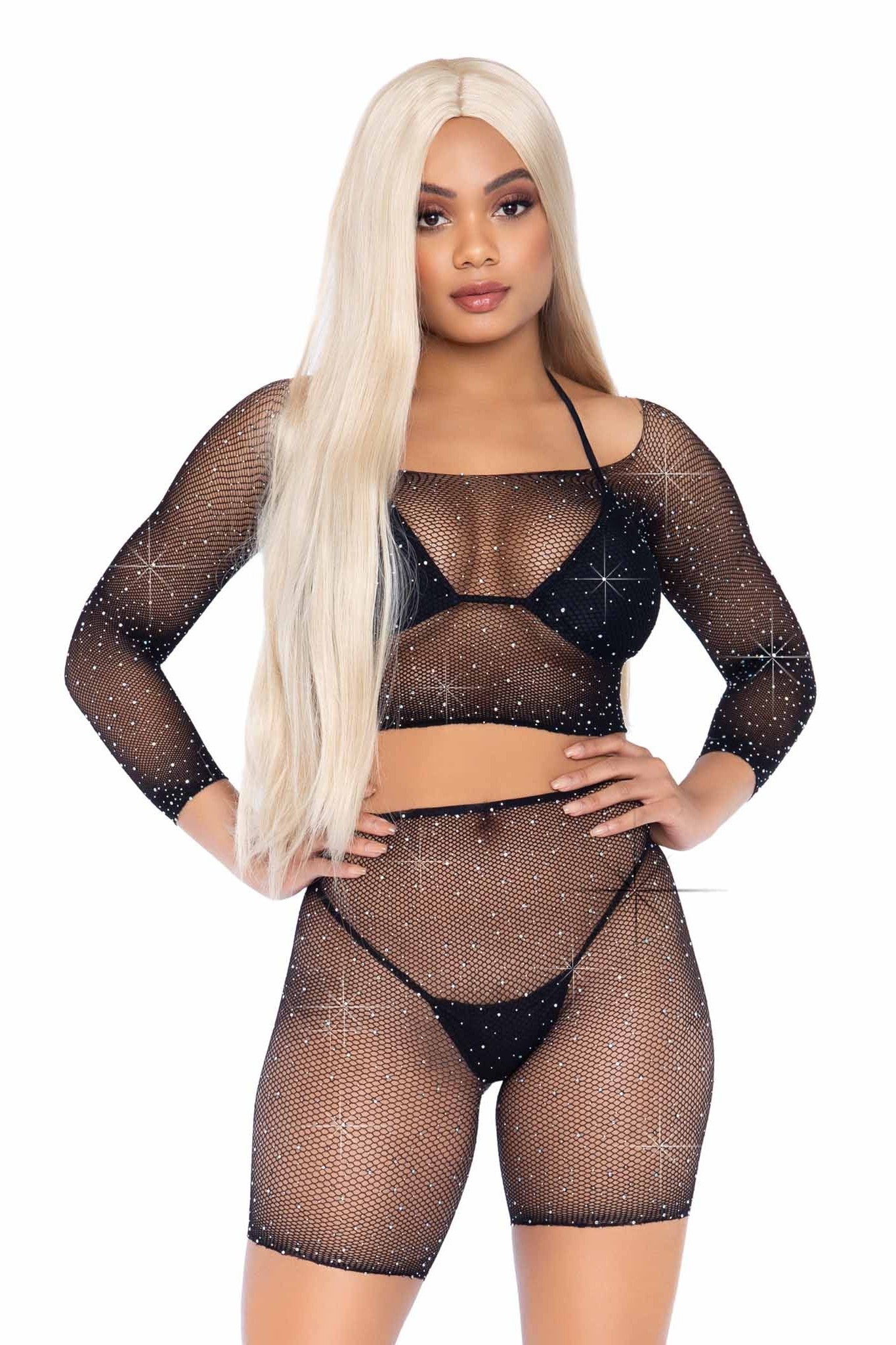 2-Piece Rhinestone Embellished Fishnet Long Sleeve Crop Top and Stylish Biker Shorts