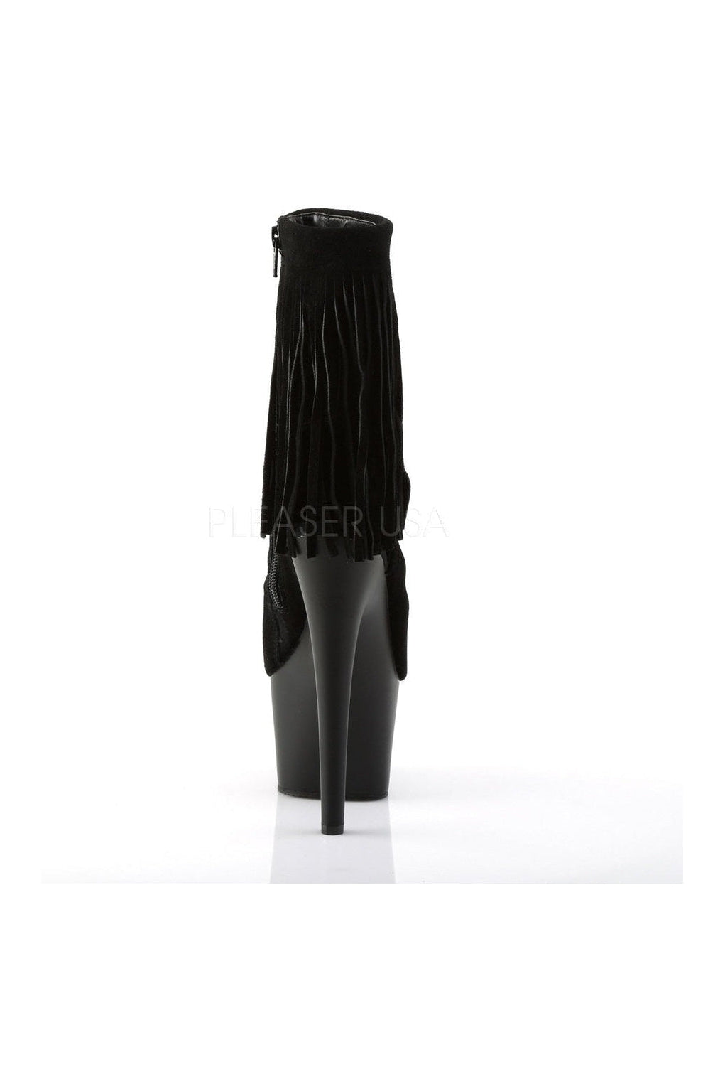 ADORE-1019 Women's Black Genuine Leather Platform Ankle Boot with Stiletto Heel and Fringe