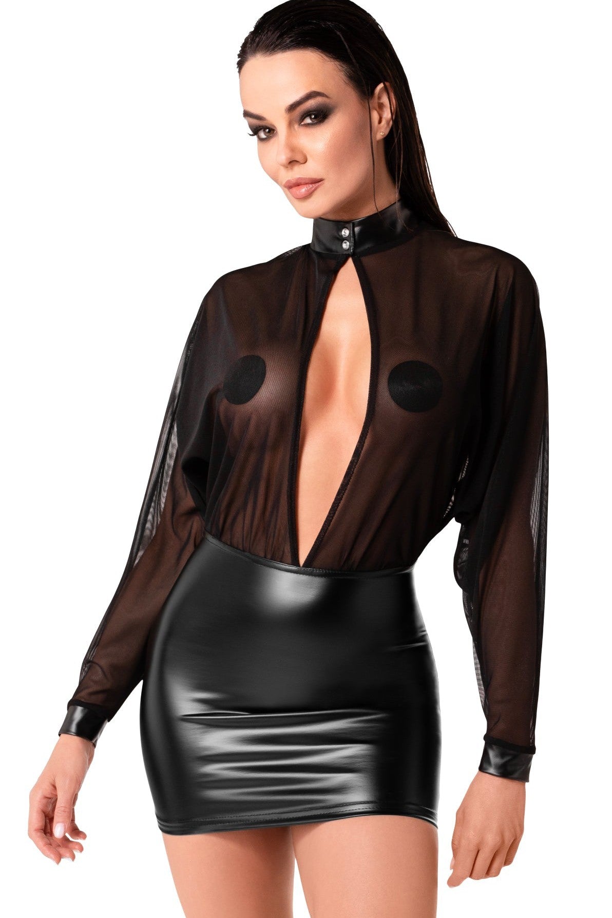 Opium Brand Power Wetlook Fabric and Tulle Material Mini Party Dress for Special Occasions