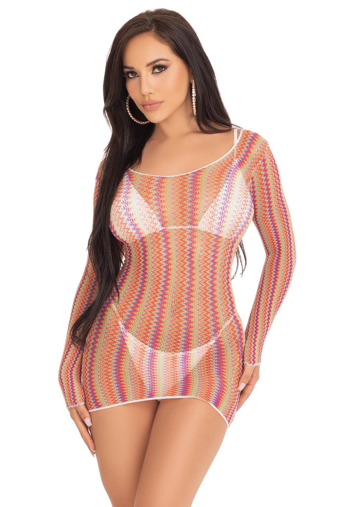 Stylish Zig Zag Rainbow Net Long Sleeve Mini Dress for Fashion Lovers