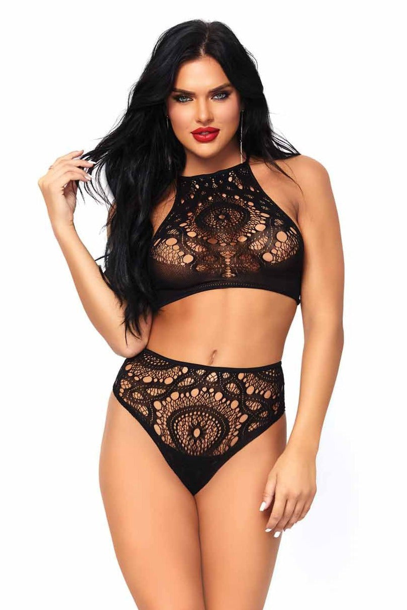 Two - Piece Crochet Lace Halter Style Crop Top Clothing Set