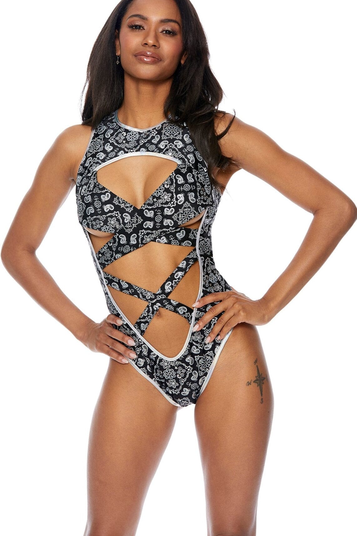 Stylish Paisley Print Bandana Design Criss Cross One-Piece Swimwear Bodysuit with a Deep Plunge Neckline