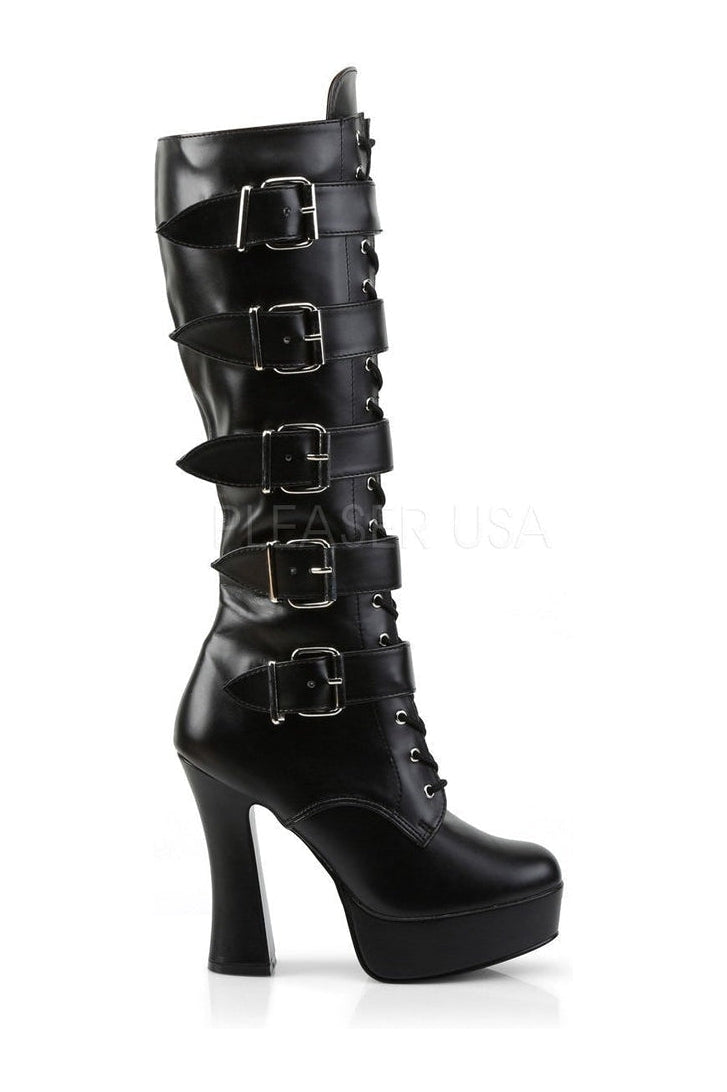 ELECTRA-2042 Women's Black Faux Leather Platform Knee Boots with Stack Heel and Buckle Detail