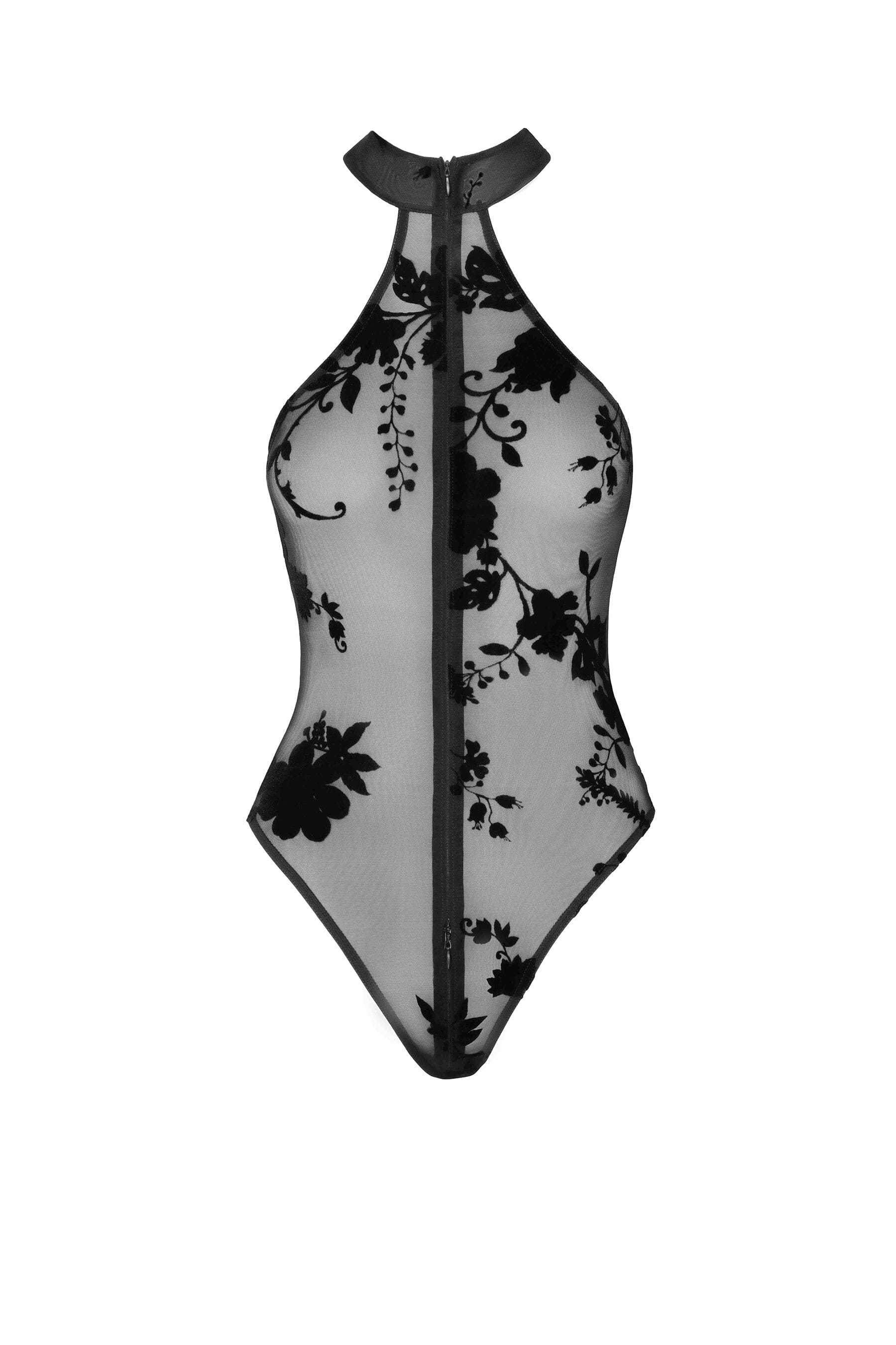 Alluring Wildflower Flocked Mesh Halter Style Bodysuit