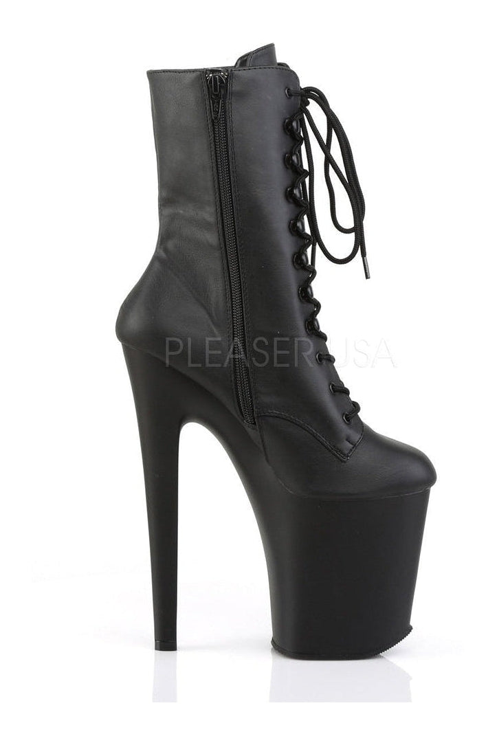 Black Faux Leather XTREME-1020 Platform Ankle Boots with Spike Heel