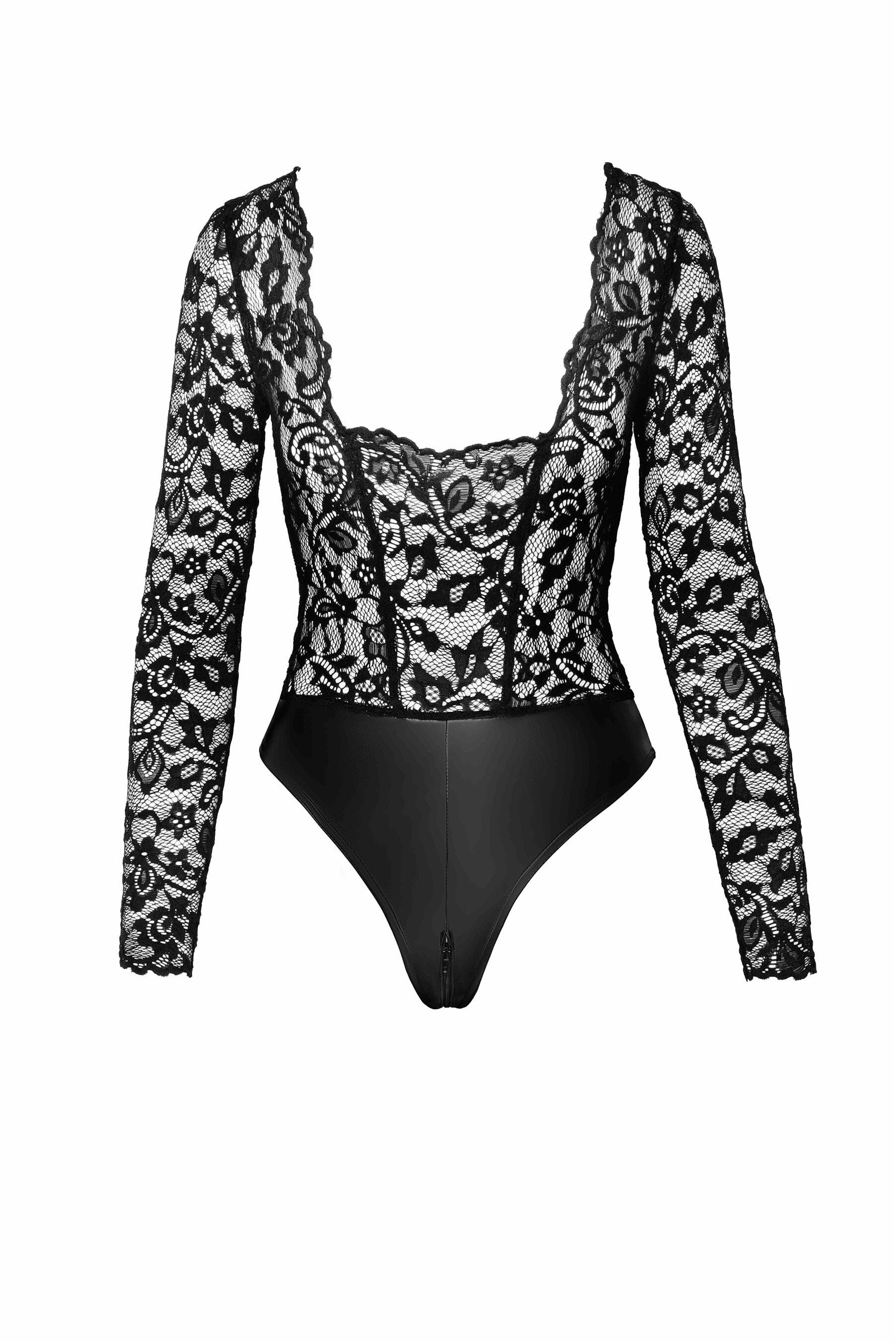 Alluring Lace and Wetlook Psyche Bodysuit for a Curvy Look