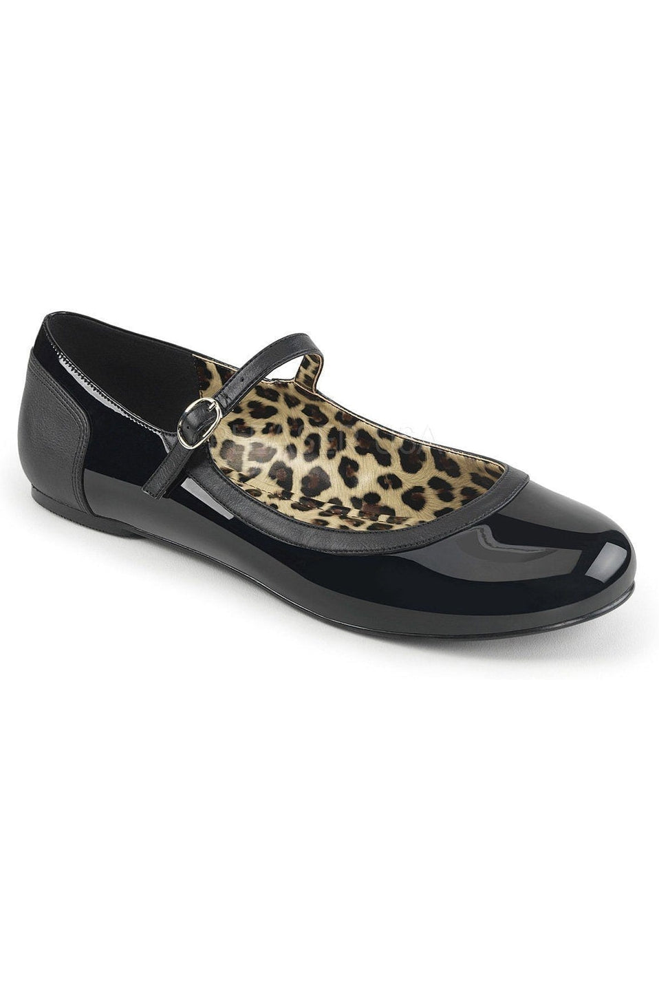 Stylish ANNA-02 Black Patent Flat Shoes with Cheetah Accent