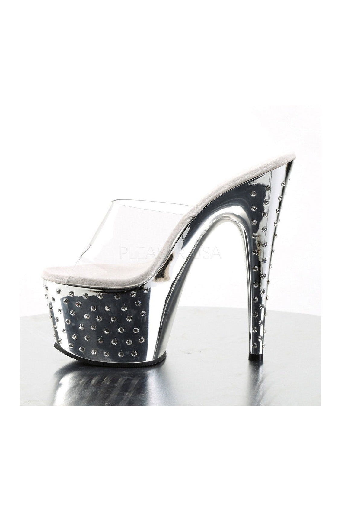STARDUST-701 Clear Vinyl Platform Slide with Rhinestone Studded Chrome Platform