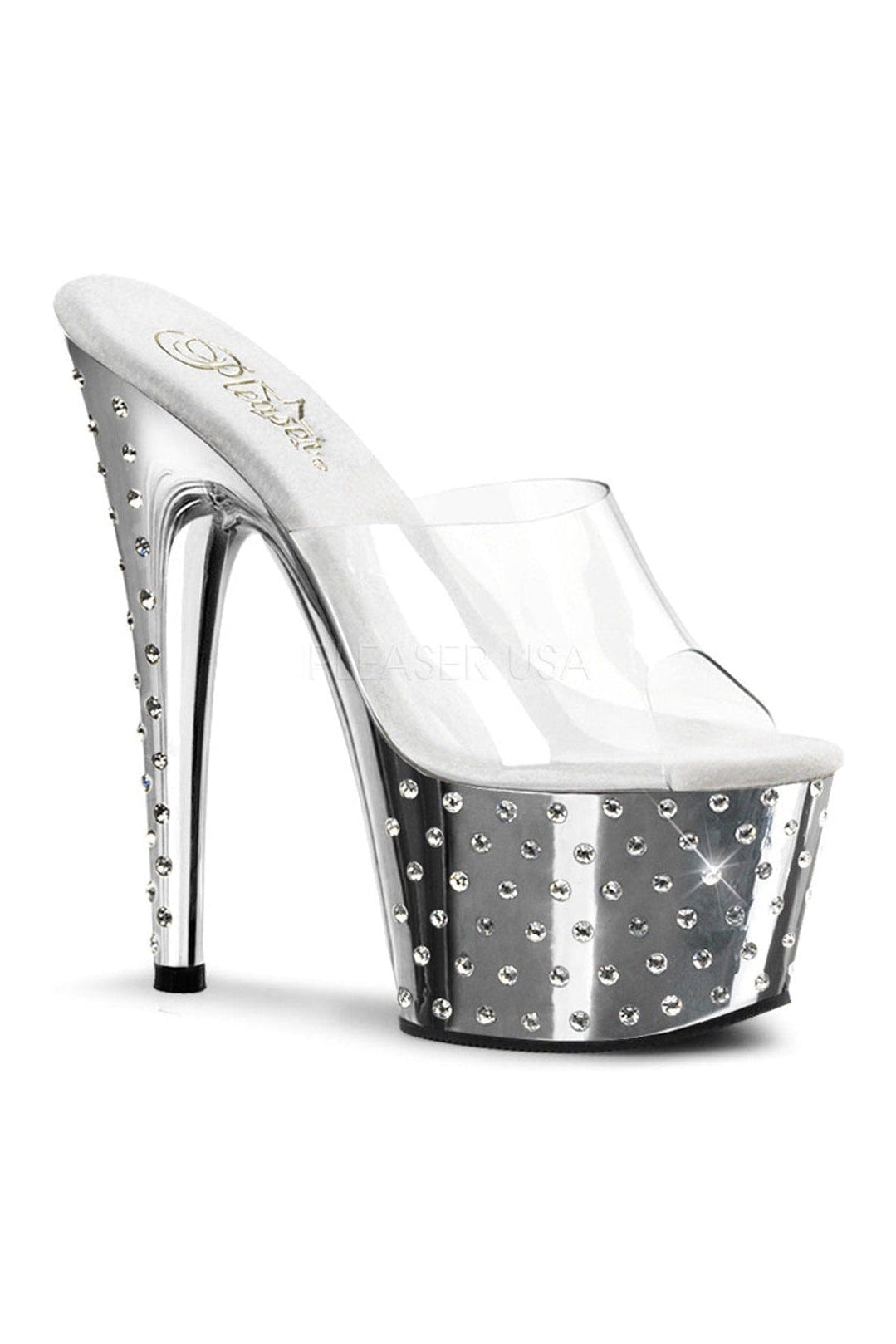 STARDUST-701 Clear Vinyl Platform Slide with Rhinestone Studded Chrome Platform