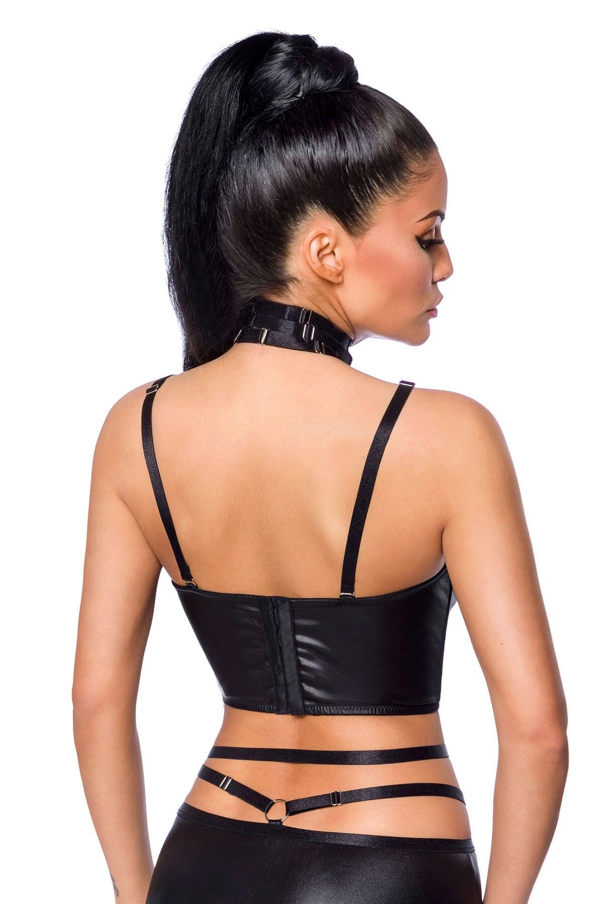 Fashionable Multi - Strap Wet - Look Crop Top and Mini Skirt Outfit Set