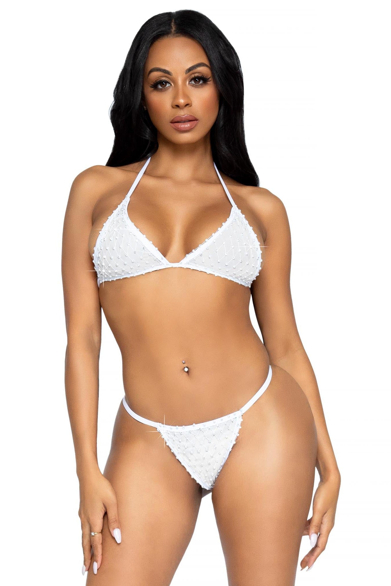Stylish 2-Piece Mesh Bikini Set with Rhinestone G-String