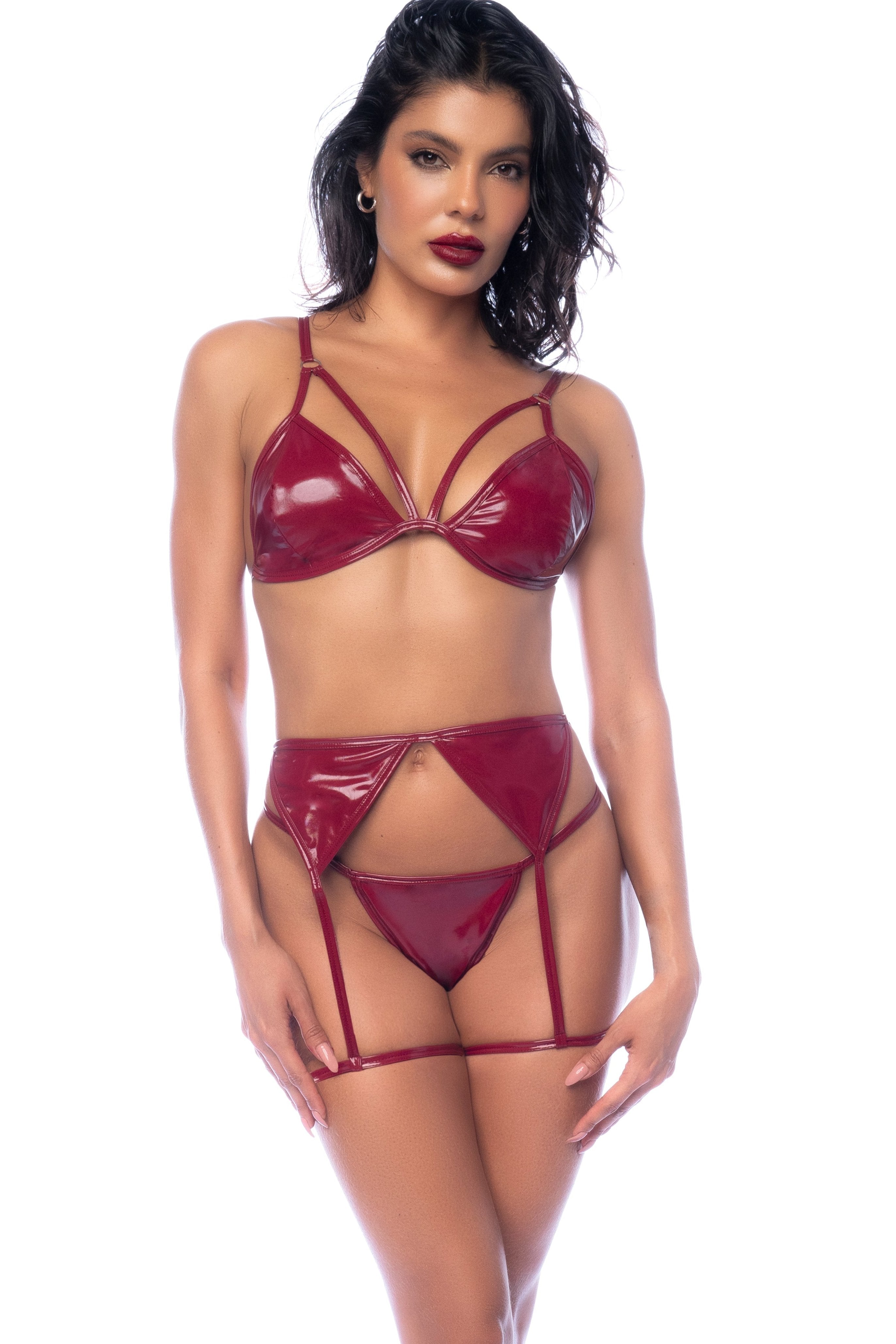 Three-piece Glossy Wine-themed Lingerie Set