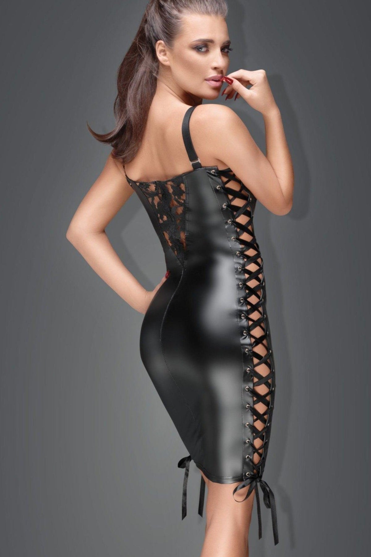 Adjustable Ribbon Side Lace Front Fetish Style Mini Dress