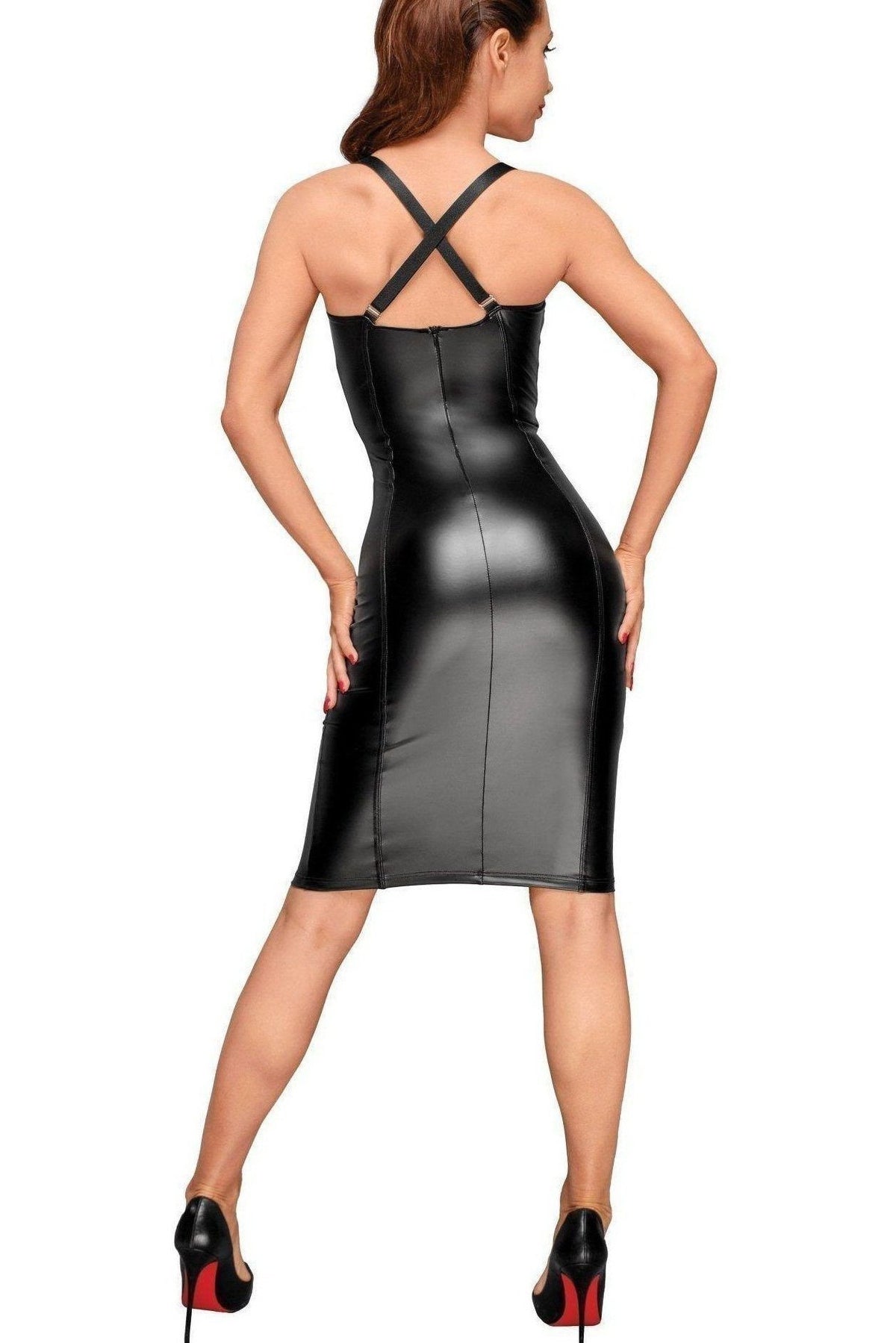 Fashionable Long Fitted Women's Dress Featuring Chequered Design and Adjustable Halter Straps