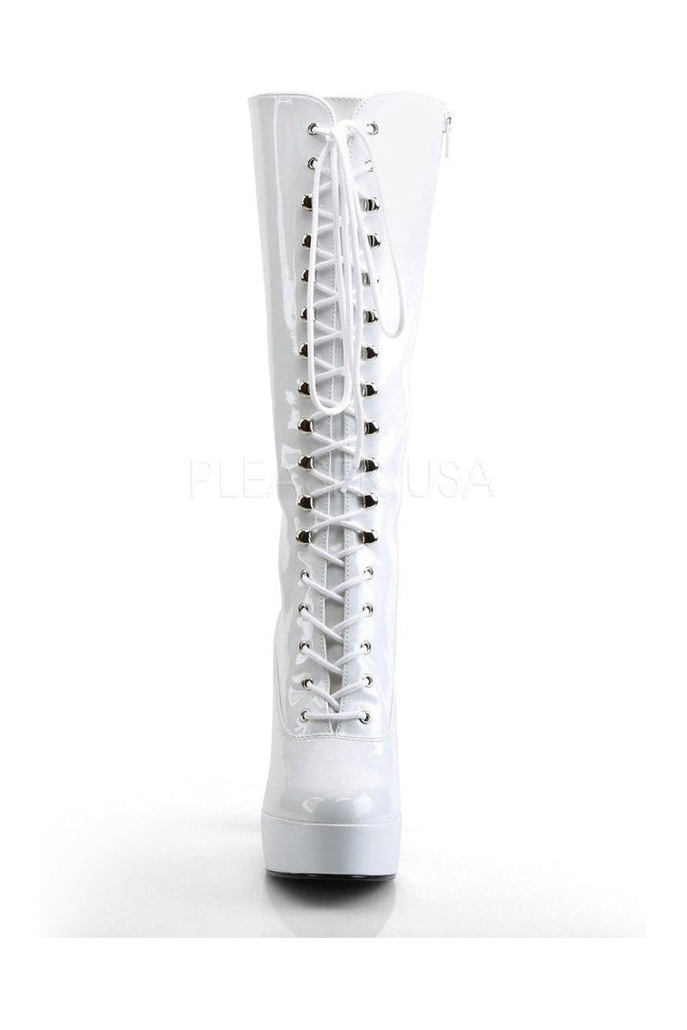 ELECTRA-2020 White Patent Leather Platform Knee-High Boots with Lace Front and Inner Zipper
