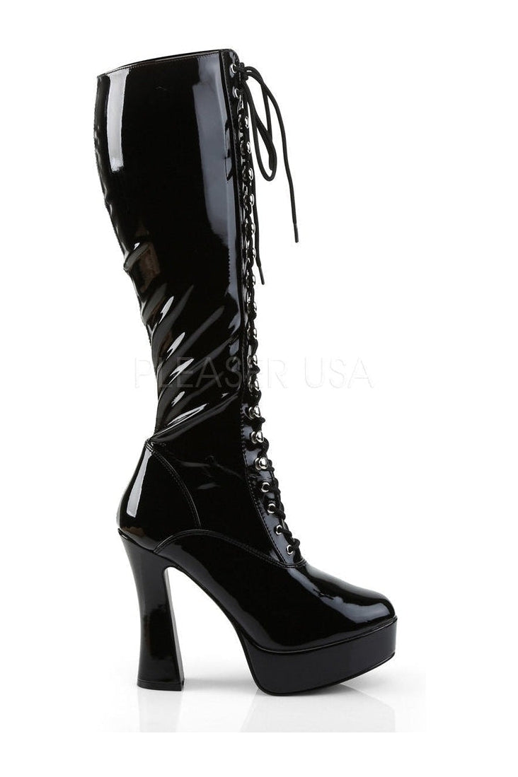 2023 ELECTRA Black Patent Platform Knee Boots with Lace Detail