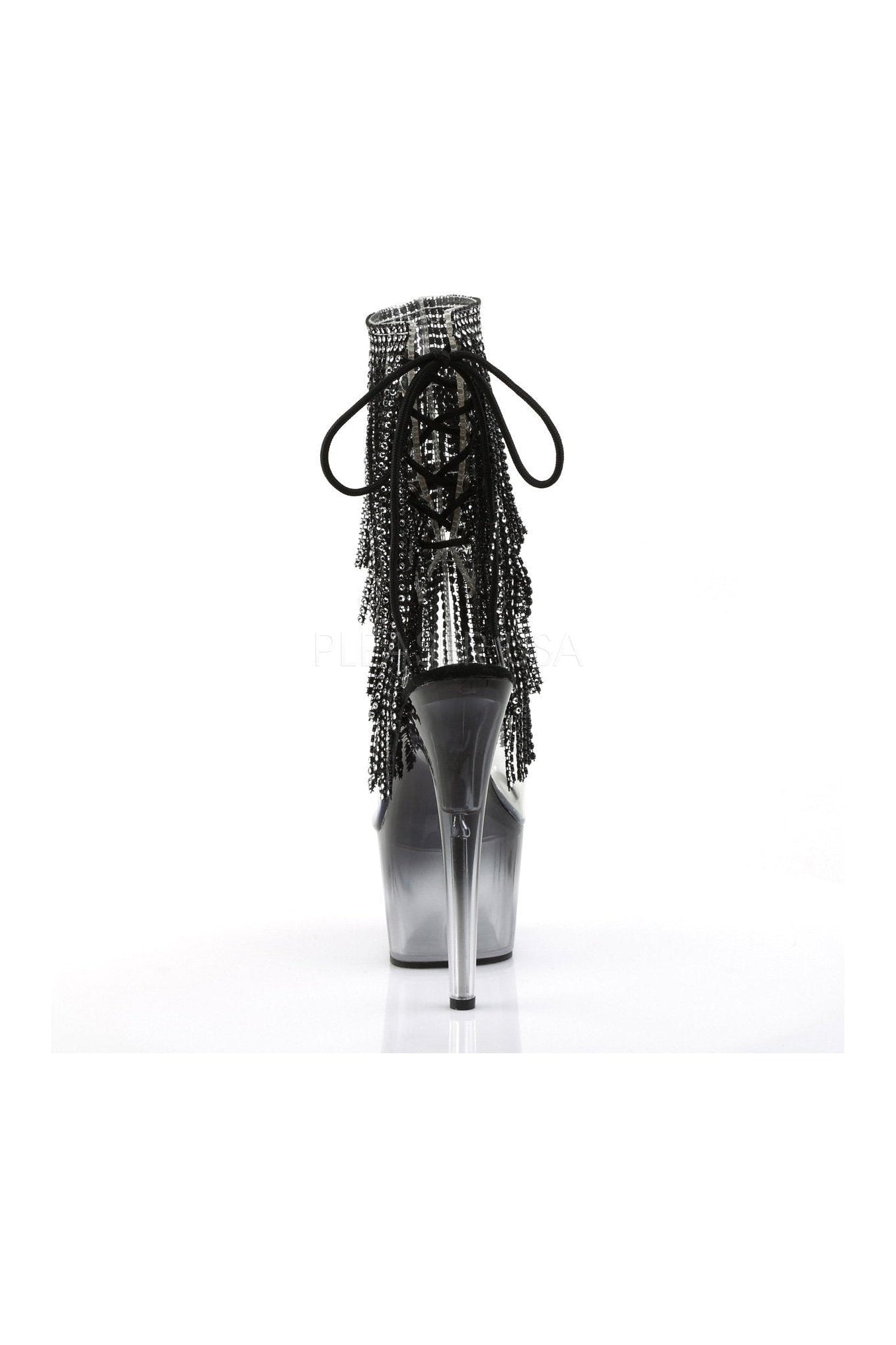 Black Vinyl ADORE-1017RSFT Open-Toe Platform Boot with Rhinestone Fringe