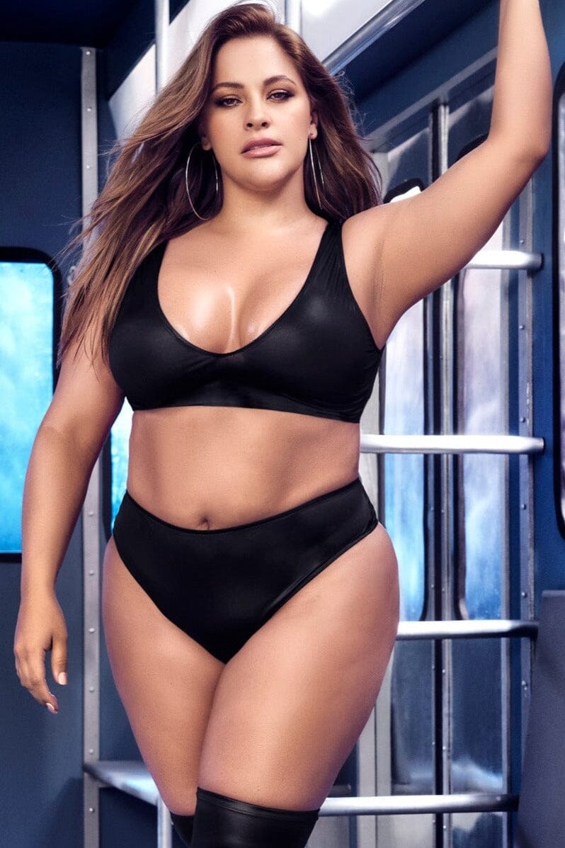 Plus Size Sporty Two - Piece Crisscross Back Leather - Effect Lingerie Set