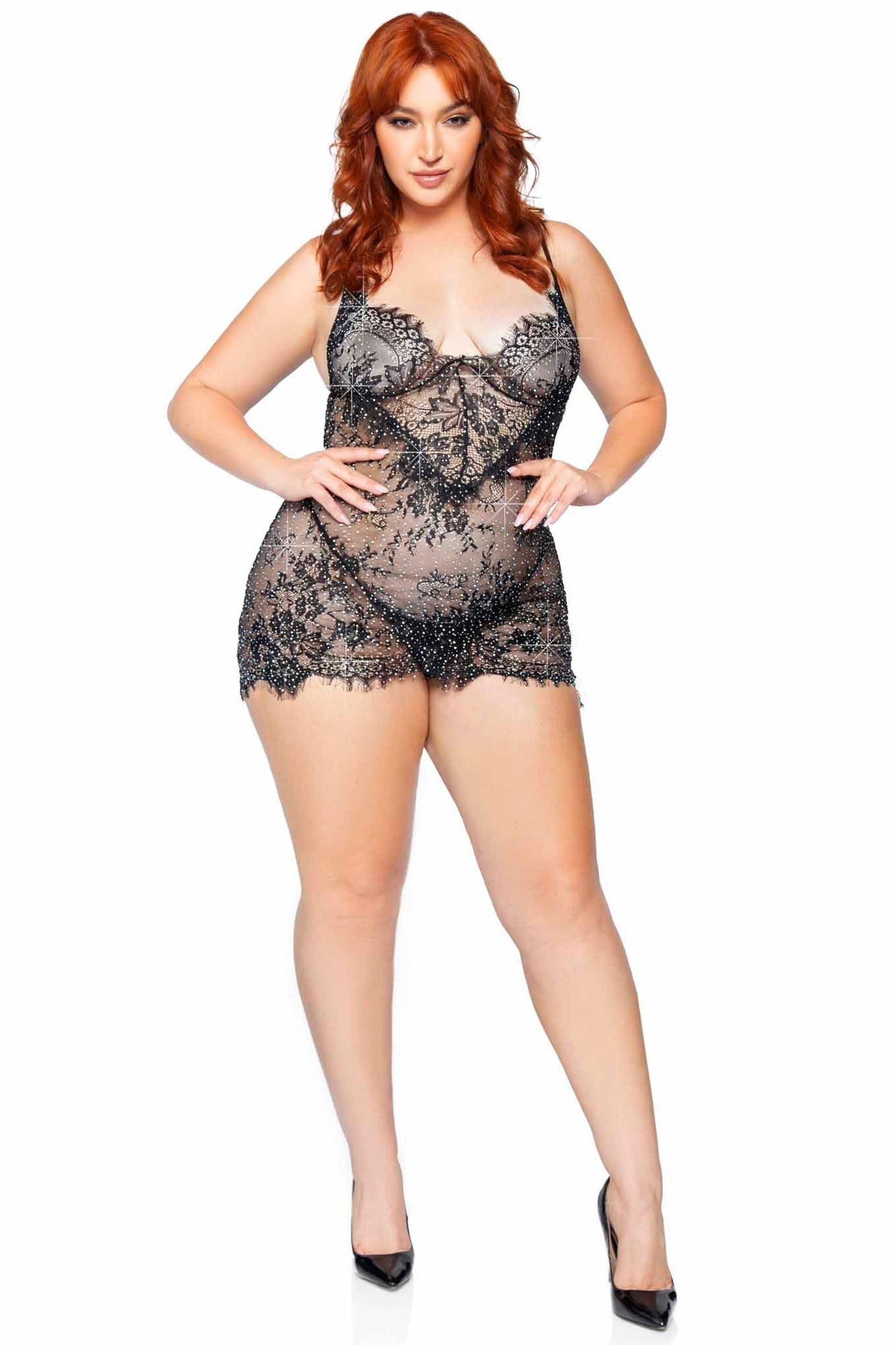 Plus Size 2-Piece Eyelash Lace & Rhinestone Backless Mini Dress Ensemble