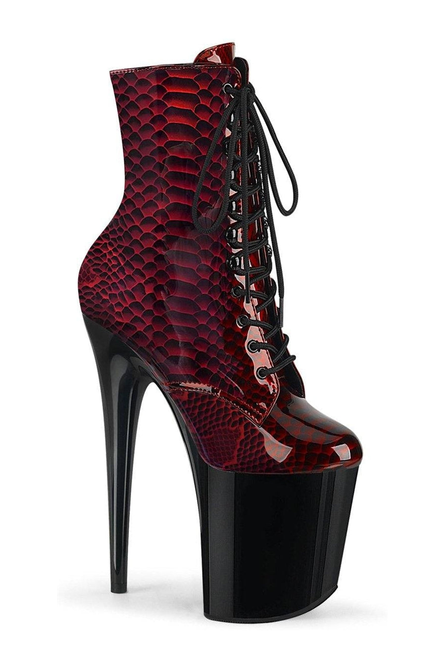 Pleaser Red Patent Exotic Lace - Up Ankle Boot FLAMINGO - 1020SP