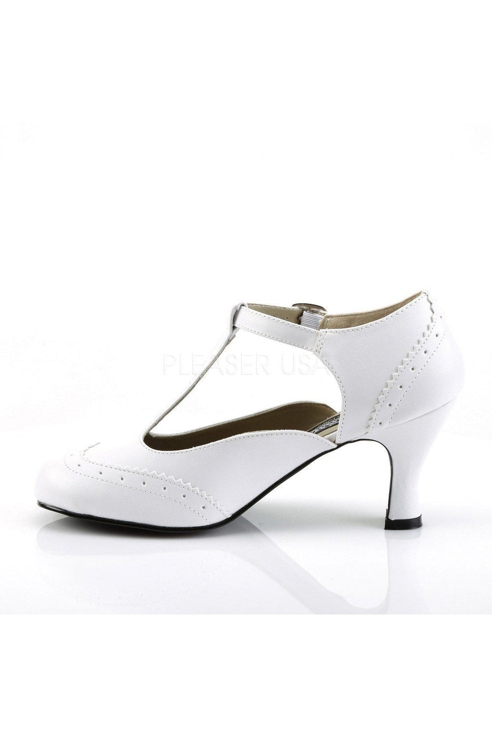 White Faux Leather FLAPPER-26 T-Strap 3-Inch Heel Pumps