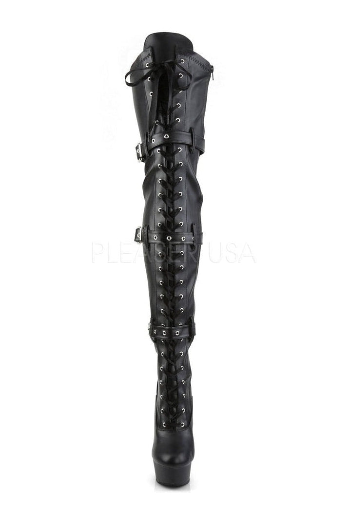 DELIGHT-3028 Black Faux Leather Platform Lace - Up Thigh High Boots with Triple Buckles and Inner Zipper