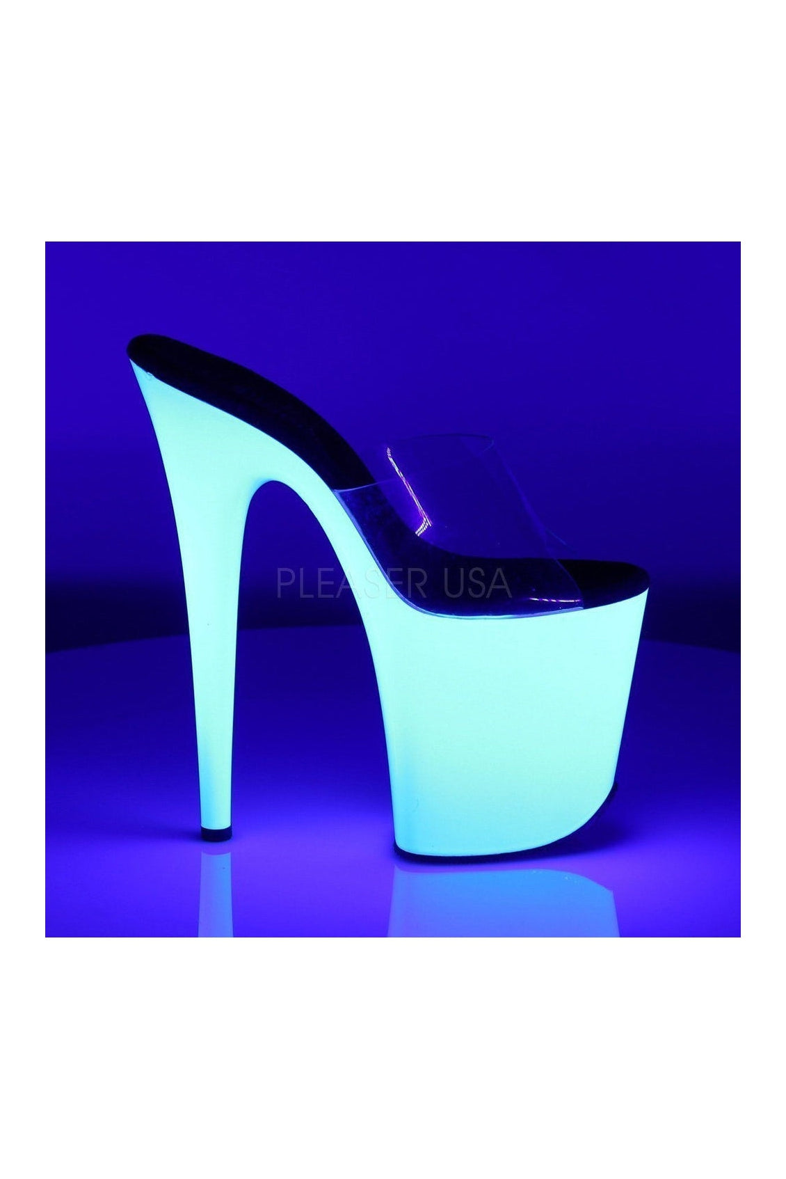 Clear Vinyl FLAMINGO-801UV Platform Slide Sandals with Neon UV Reactive Bottom