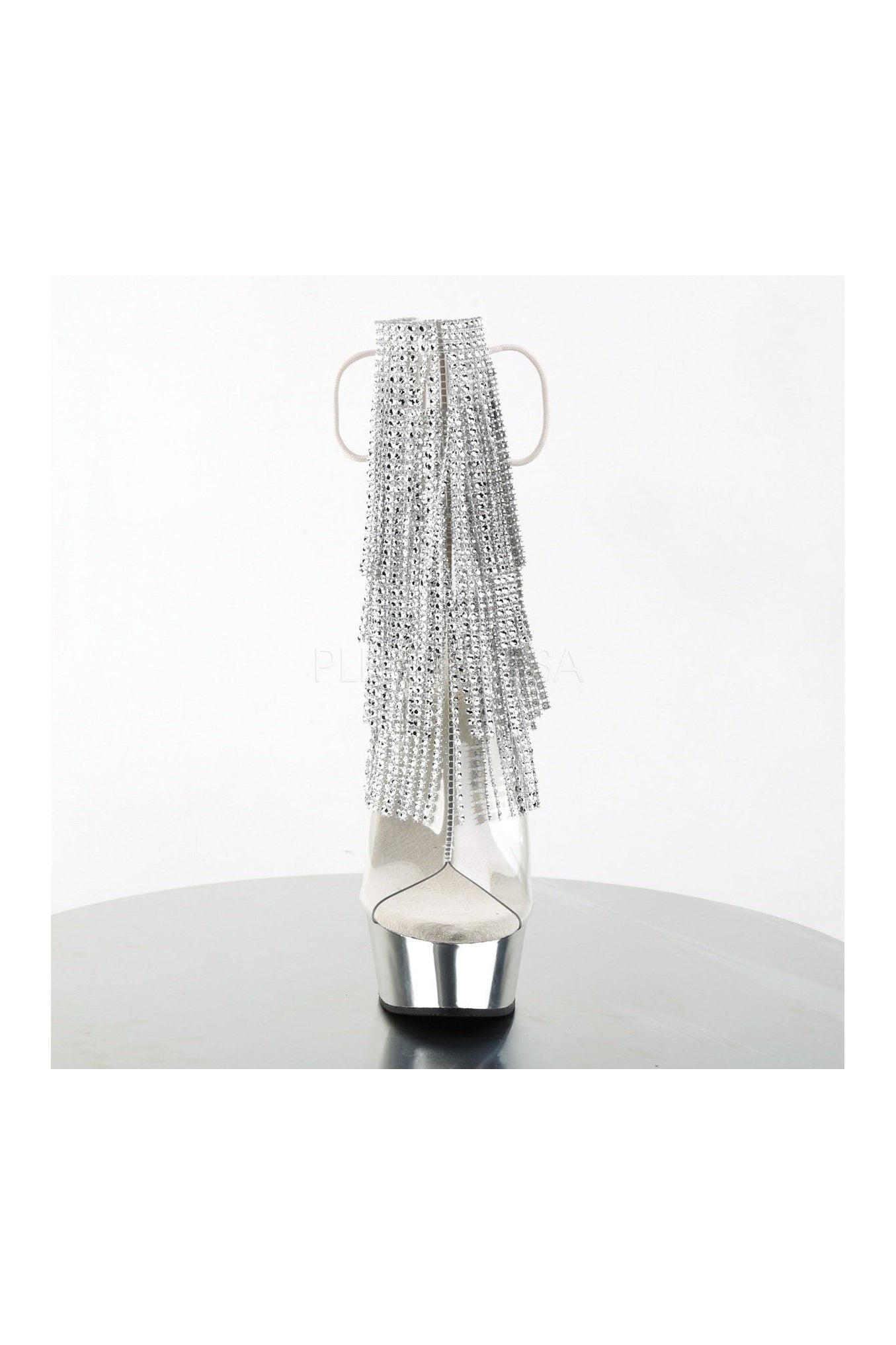DELIGHT-1017RSF Clear Vinyl Open Toe Platform Boot with Rhinestone Fringe