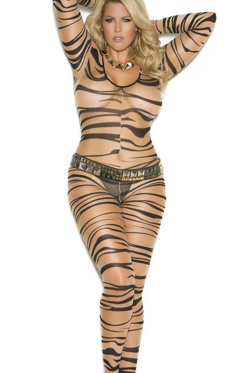 Elegant Plus Size Sheer Zebra Print Long Sleeve Bodystocking