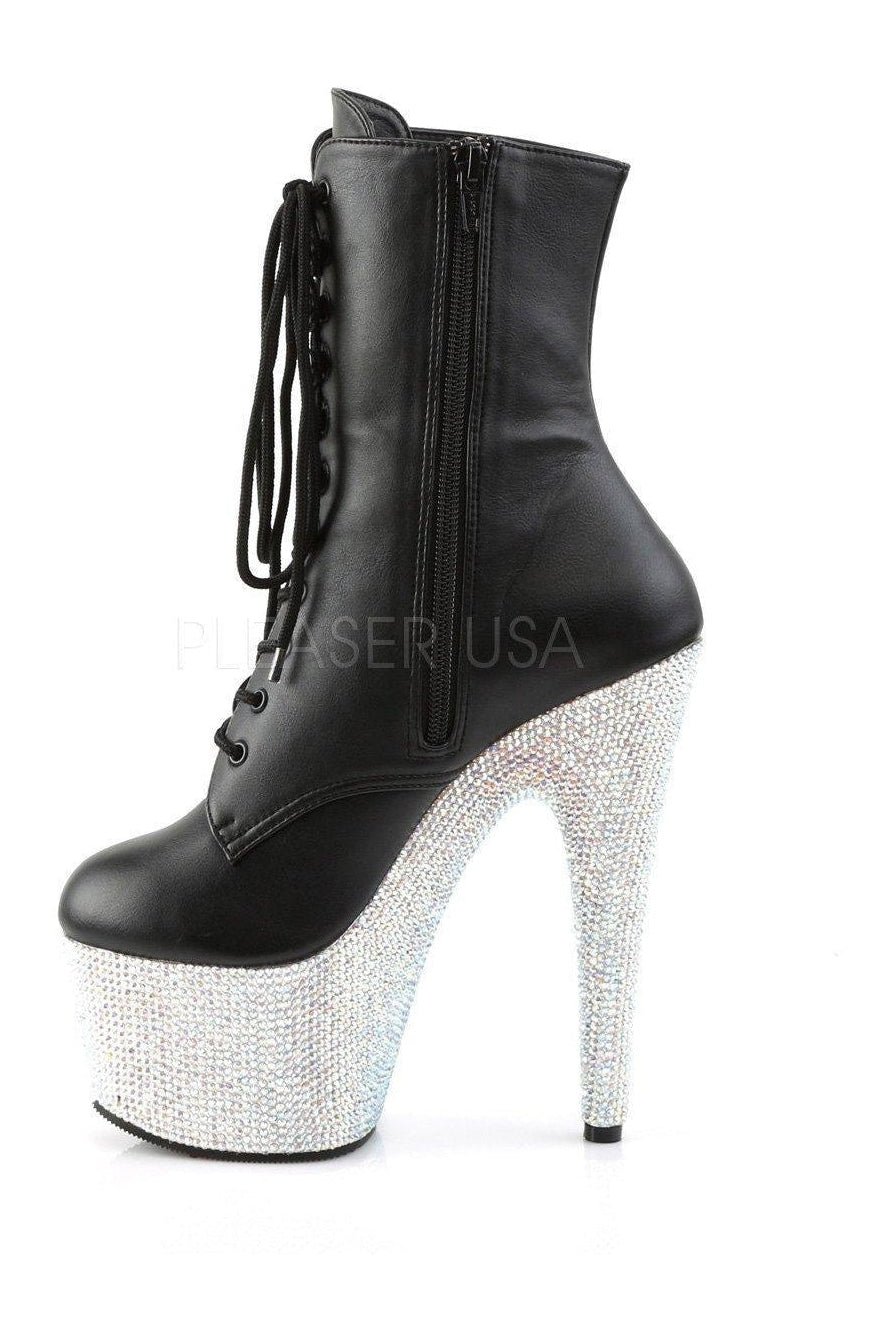 Black Faux Leather Rhinestone-Encrusted Platform Ankle Boot - BEJEWELED-1020-7