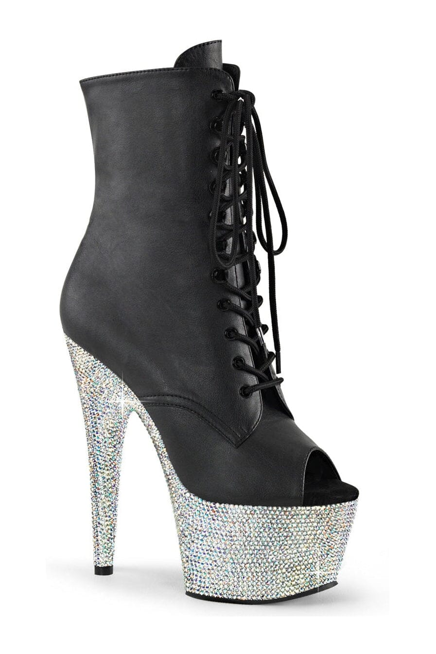 BEJEWELED-1021-7 Black Faux Leather Rhinestone Peep Toe Ankle Boots with Side Zipper