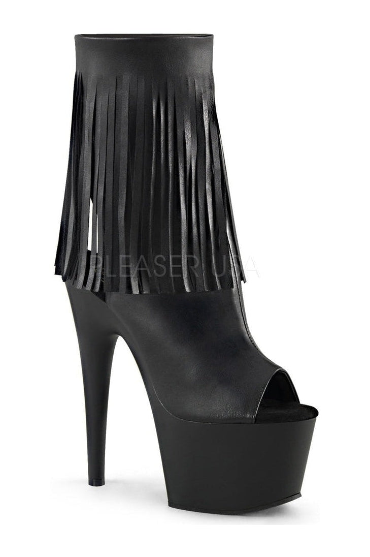 ADORE-1019 Black Faux Leather Open Toe Fringe Ankle Platform Boots with Stiletto Heel