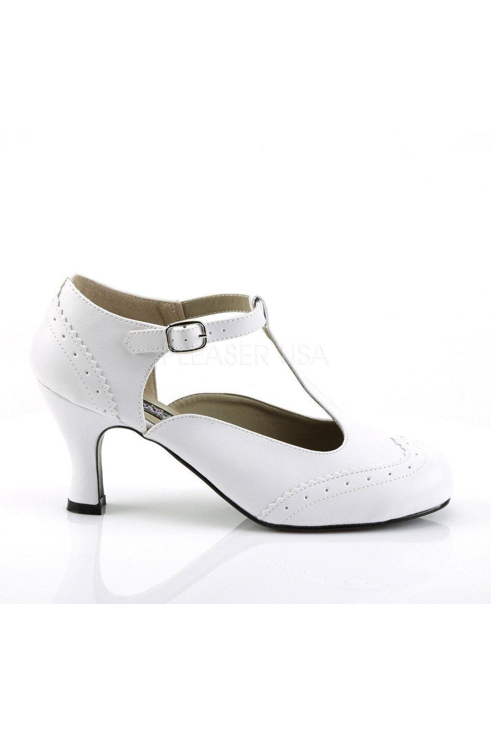 White Faux Leather FLAPPER-26 T-Strap 3-Inch Heel Pumps