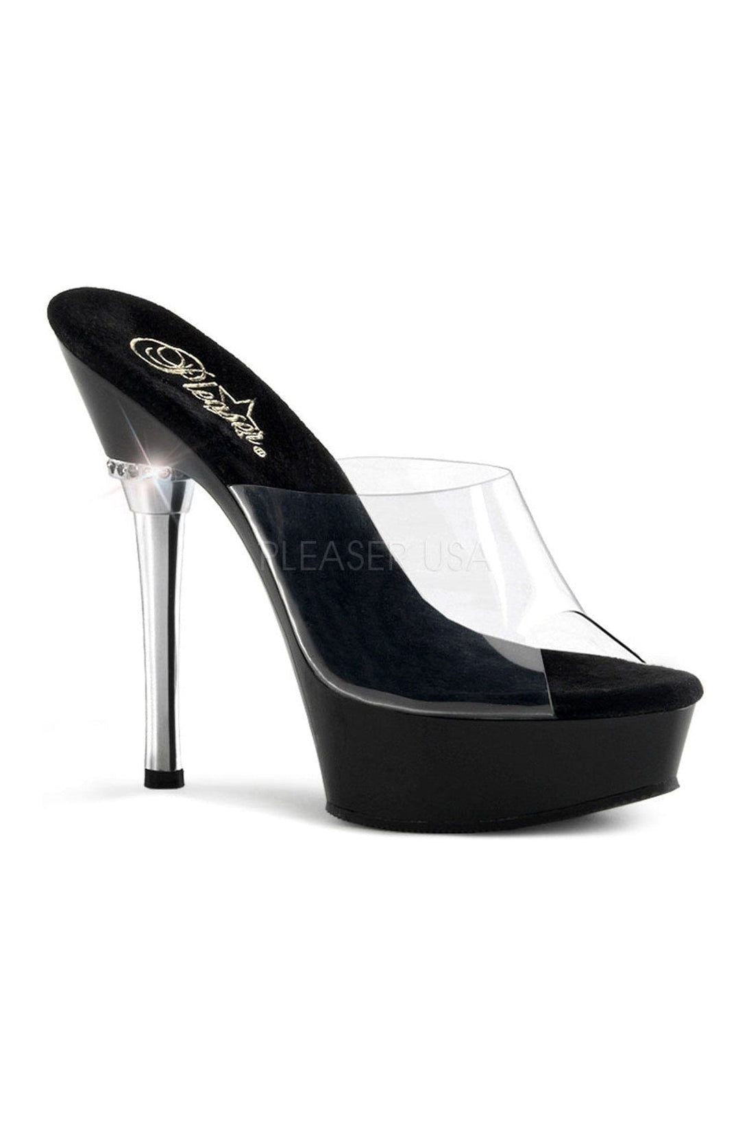 ALLURE-601 Black Vinyl Platform Sandals with Chrome Heel and Jewel Accent