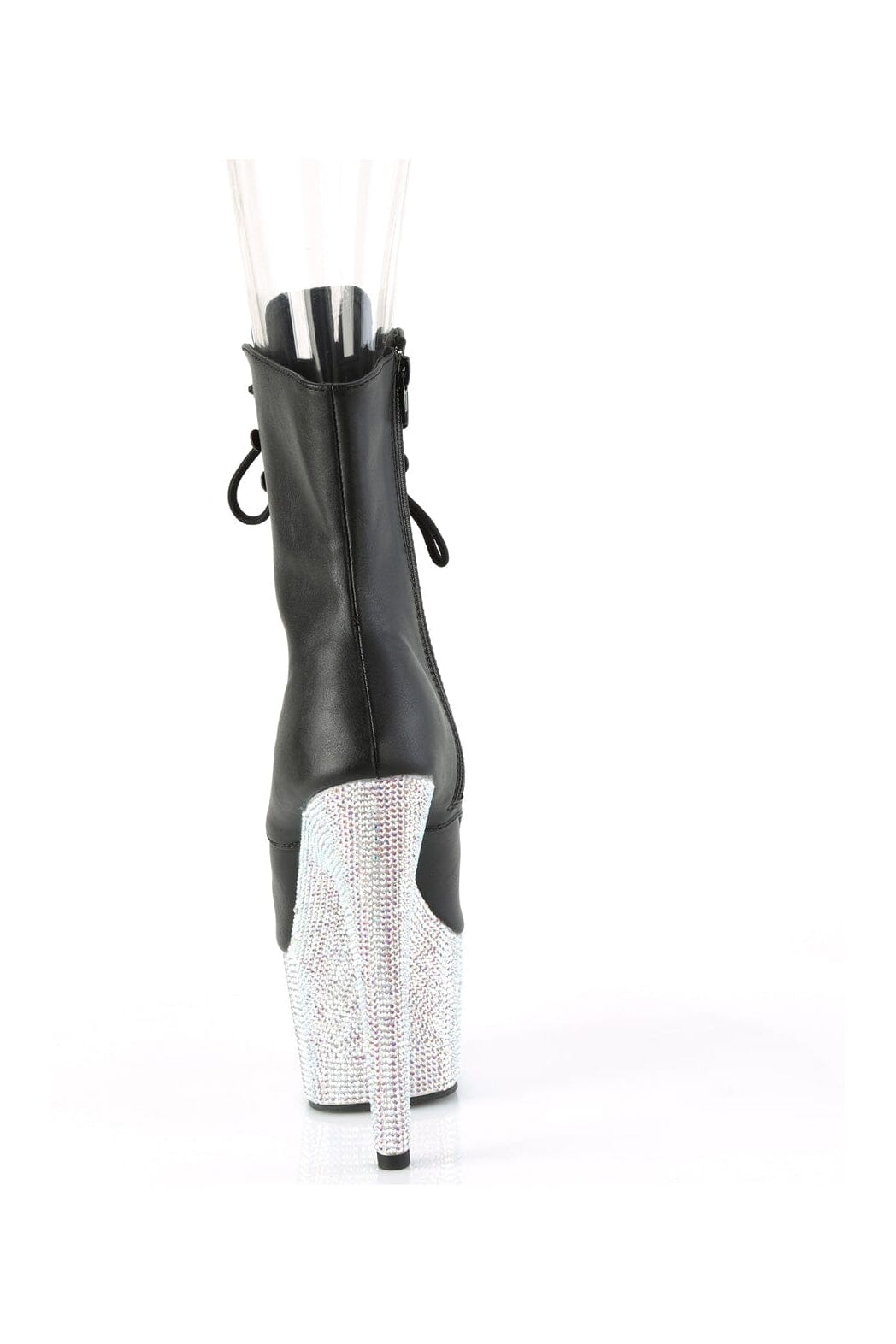 BEJEWELED-1021-7 Black Faux Leather Rhinestone Peep Toe Ankle Boots with Side Zipper