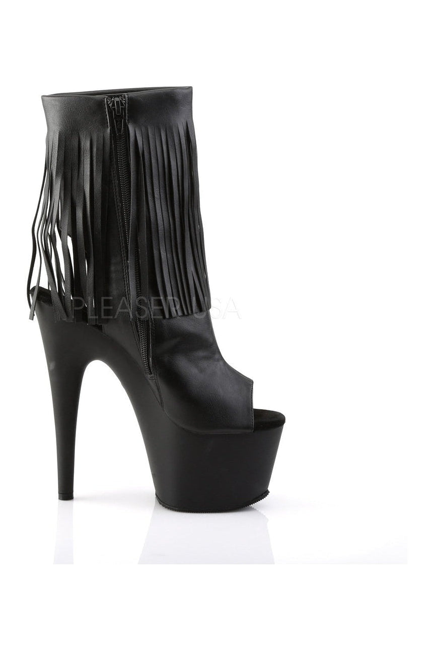 ADORE-1019 Black Faux Leather Open Toe Fringe Ankle Platform Boots with Stiletto Heel